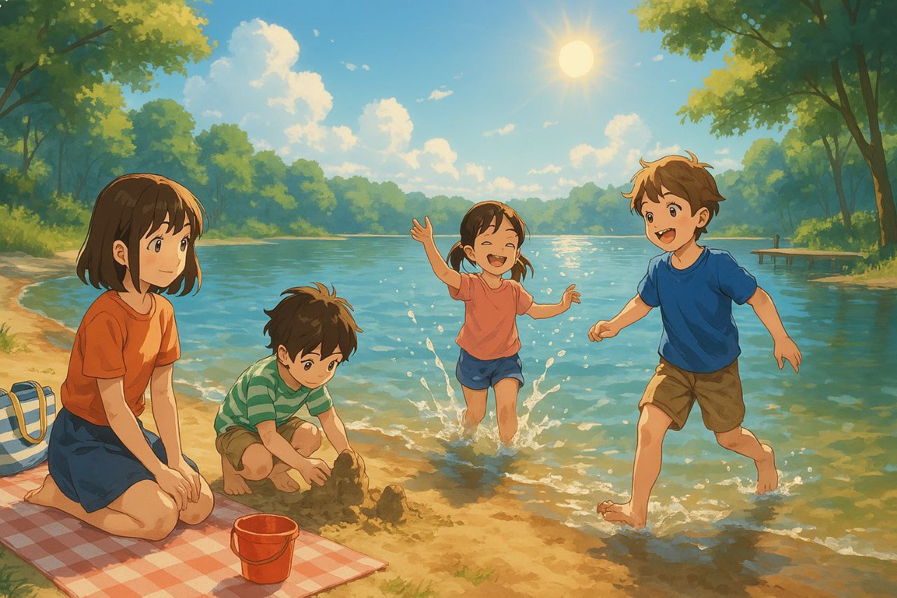 KI generiertes Bild von einem Badesee mit Kindern